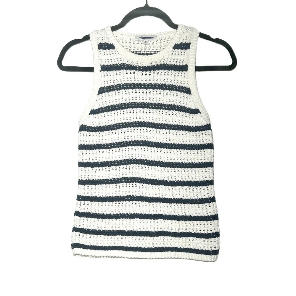 NWT Madewell Crochet-Knit Cotton Crewneck Sweater Tank in Navy Blue & Ivory, XS